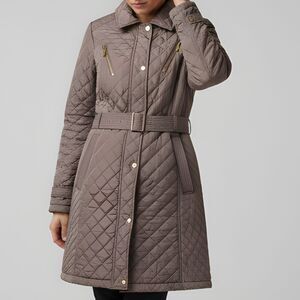 Michael Kors Women's Quilted Belted Hooded Long Coat Anorak Truffle Size L